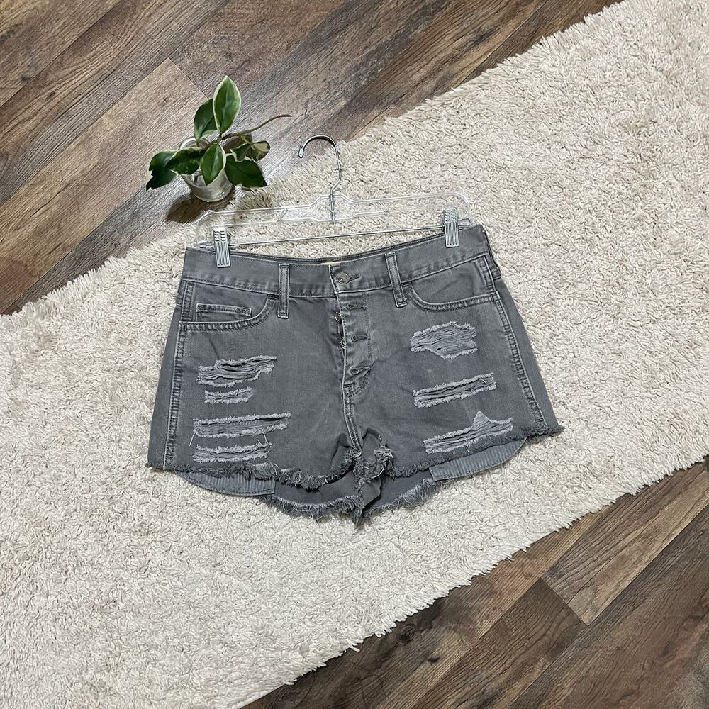 Hollister 29 Gray Distressed Raw Frayed Hem Button Fly High-Rise Shorts NWOT